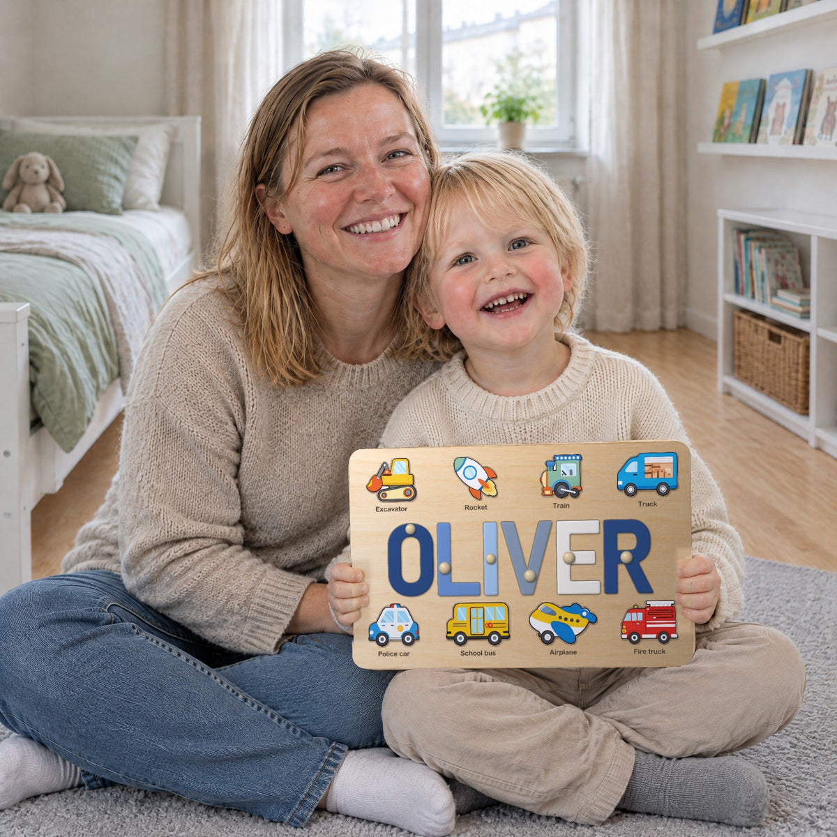 A child hugging a personalised name puzzle