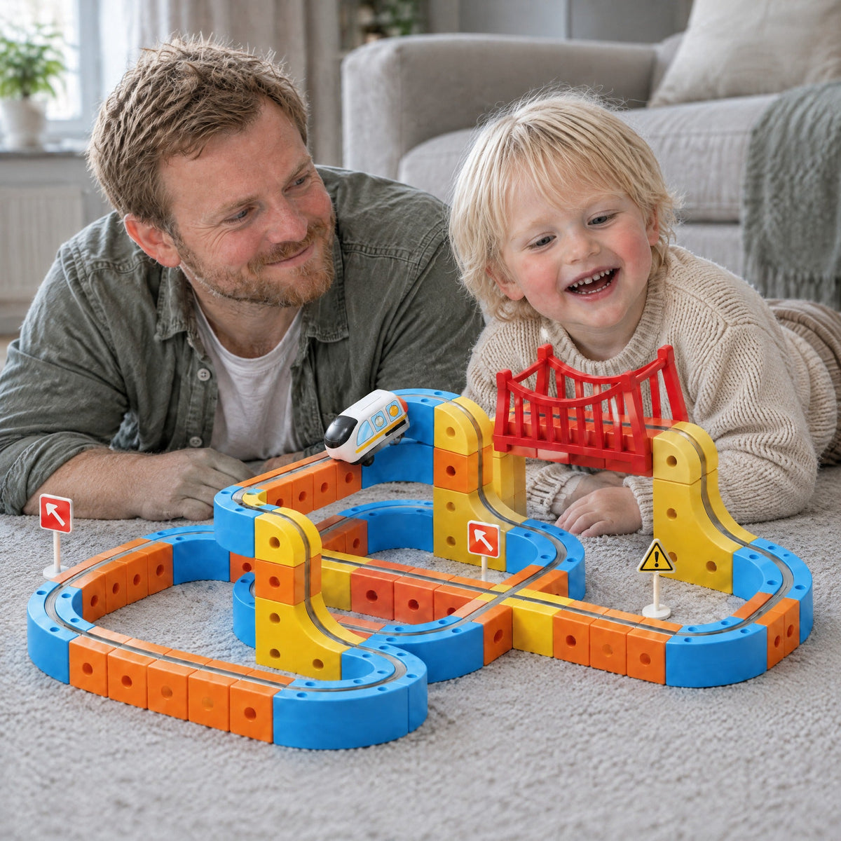 A family building the magnetic train track