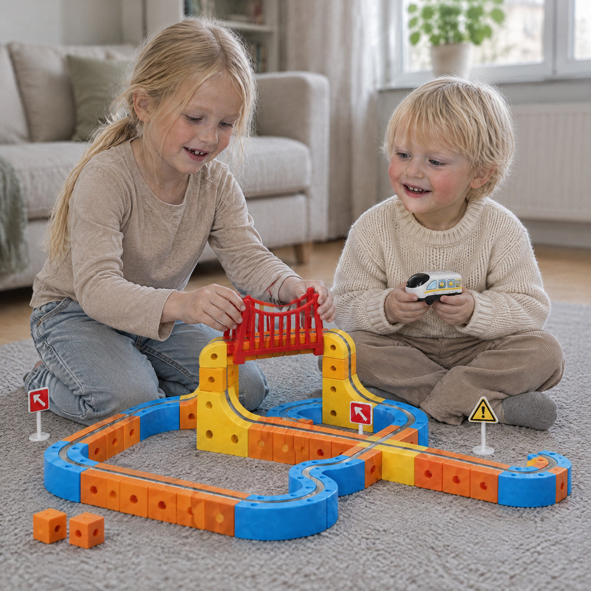 A brother and sister building the magnetic track together