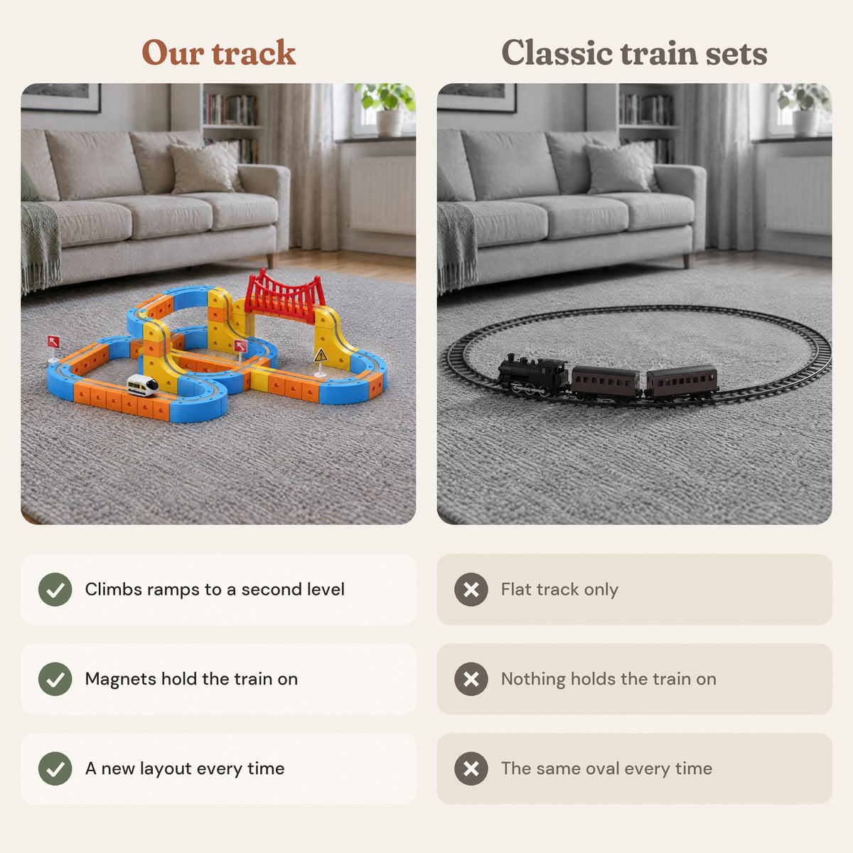 Our magnetic track next to a classic oval train set
